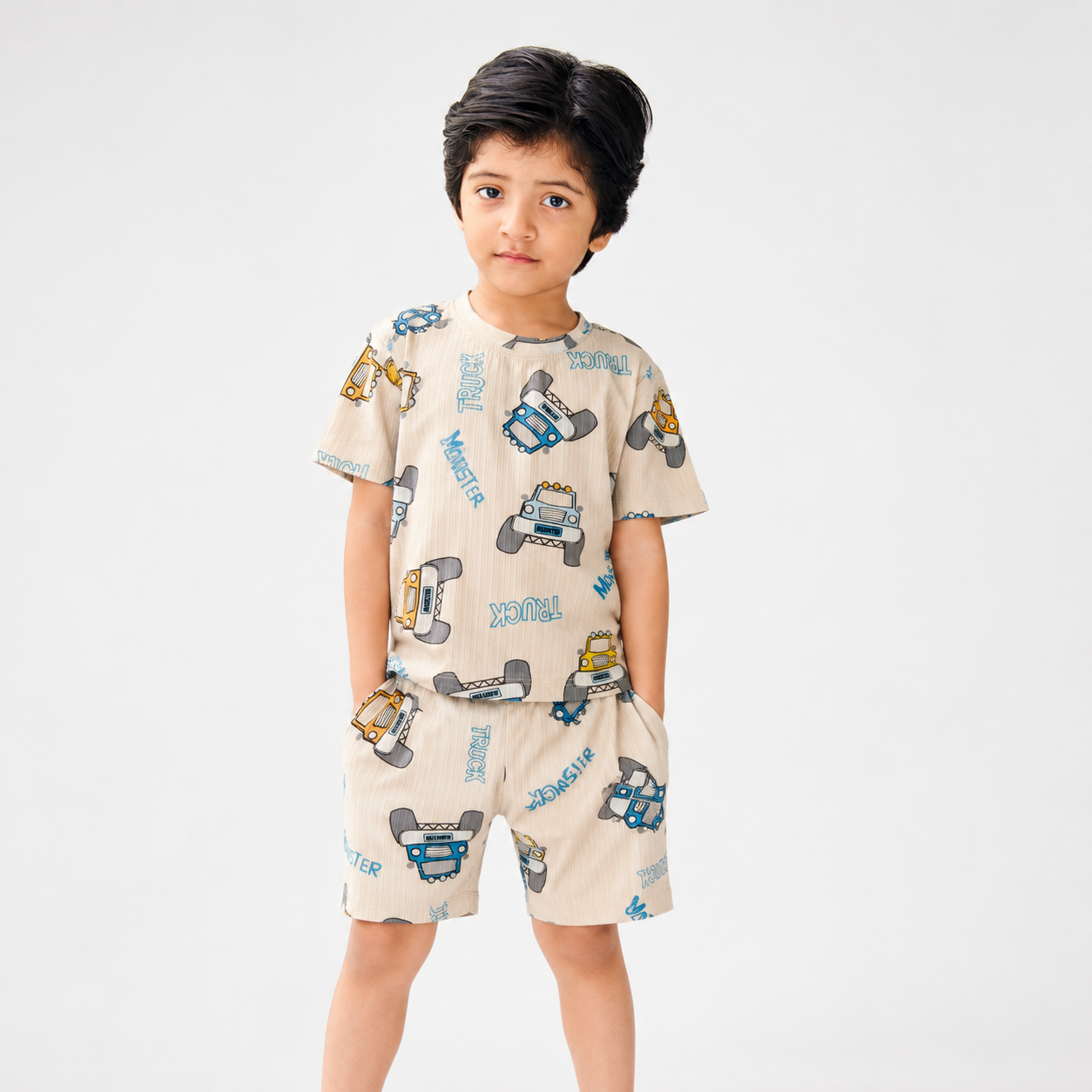 Boys Monster Truck Printed Cotton T-Shirt & Shorts Pajama Set – Soft Summer Wear